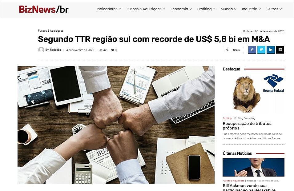 Segundo TTR regio sul com recorde de US$ 5,8 bi em M&A